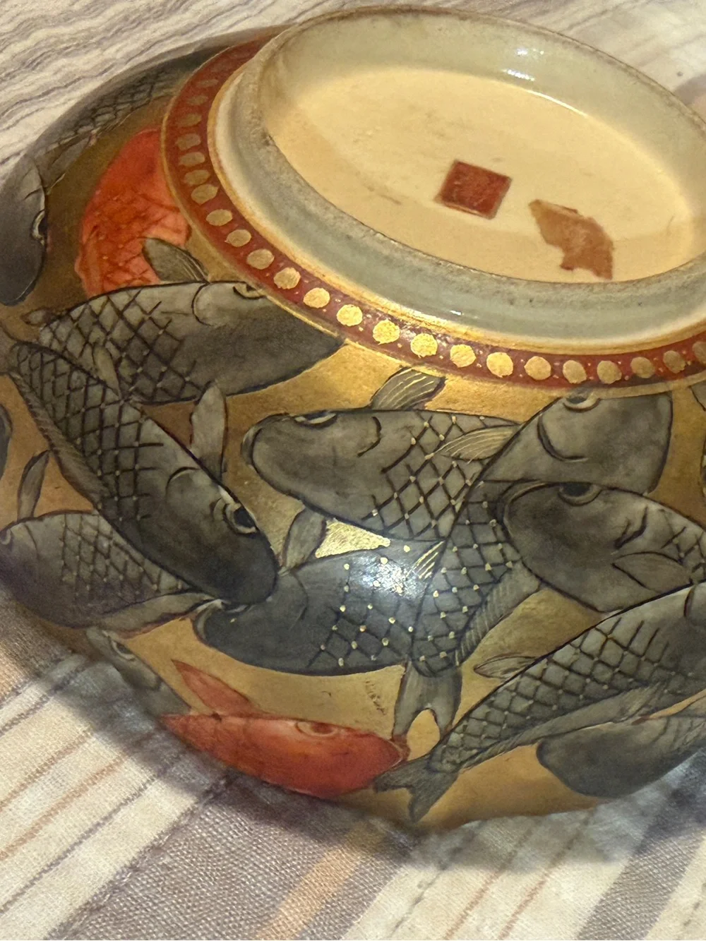 Antique Japanese Satsuma Bowl Gold Embossed Porcelain  Koi Fish